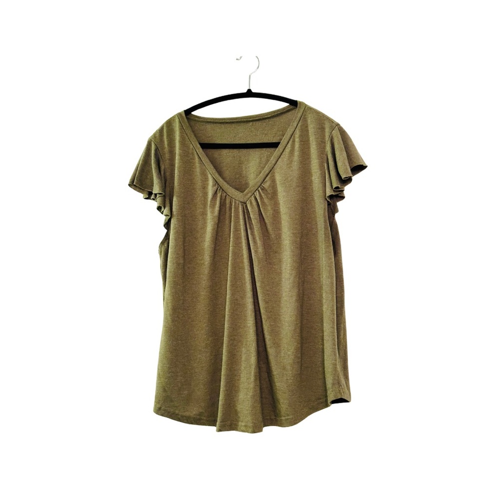 Women's V-Neck Flutter Sleeve Top - Olive Green